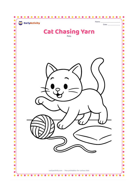 Colouring page: Draw a cat pouncing playfully after a rolling ball of yarn, with one front paw raised and a loose curved yarn strand trailing behind. Set the action on a plain floor beside a low cushion.