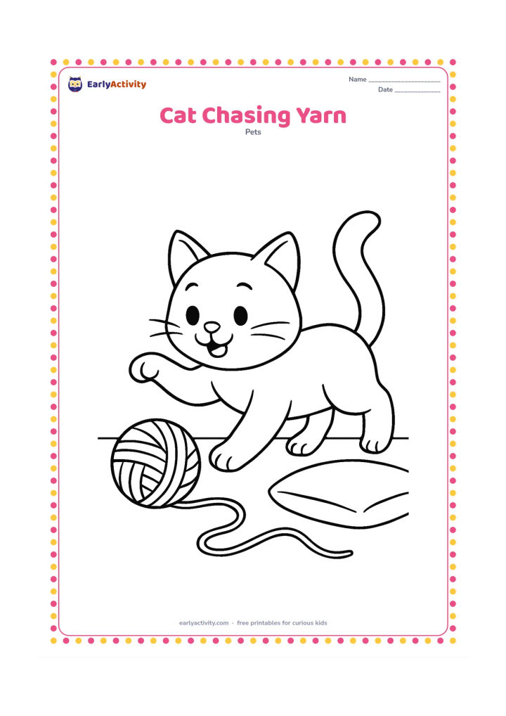 Colouring page: Draw a cat pouncing playfully after a rolling ball of yarn, with one front paw raised and a loose curved yarn strand trailing behind. Set the action on a plain floor beside a low cushion.