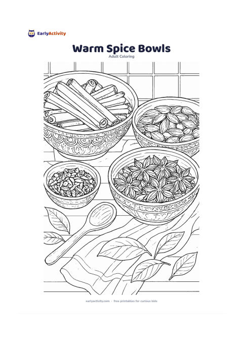 Colouring page: Show several large bowls containing cinnamon sticks, cardamom pods, cloves, and star anise arranged on a kitchen counter. Add a wooden spoon, a cloth, and a few broad spice leaves…