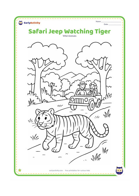 Colouring page: A tiger walks across a forest track while a small open safari jeep with two seated observers watches from a safe distance. Add Indian jungle trees, grass, and a distant rocky ridge; show…