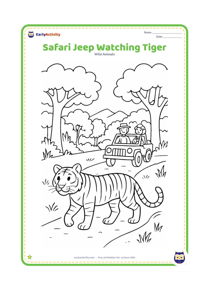 Colouring page: A tiger walks across a forest track while a small open safari jeep with two seated observers watches from a safe distance. Add Indian jungle trees, grass, and a distant rocky ridge; show…