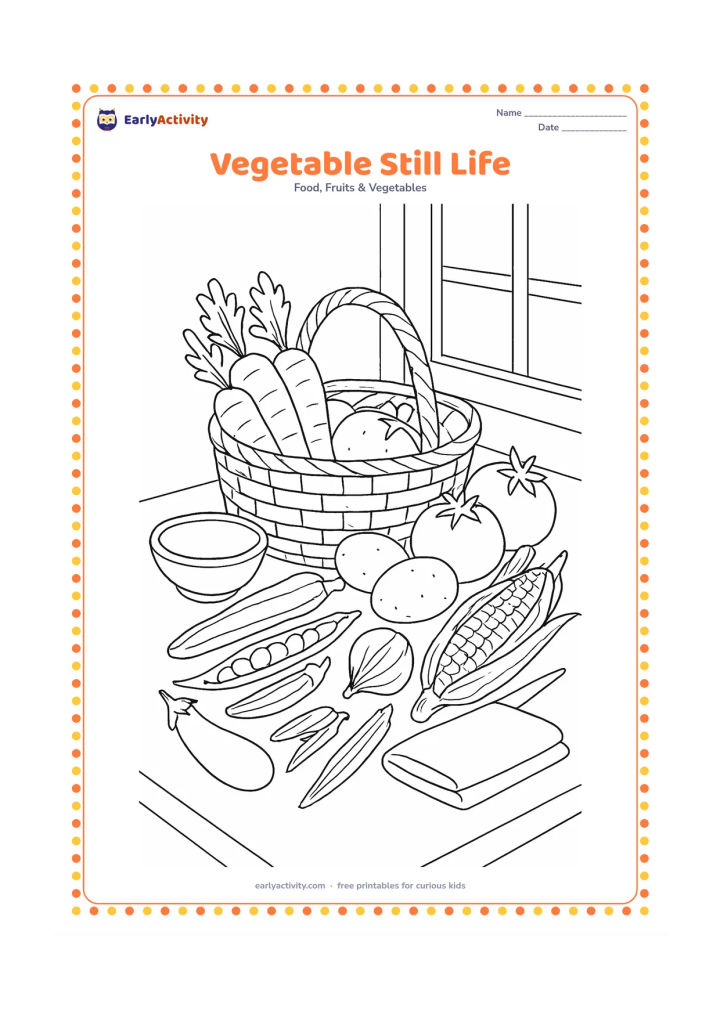 Colouring page: Arrange a detailed tabletop scene with a woven basket, carrots, tomatoes, potatoes, peas in pods, onion, corn, brinjal, okra, and leafy greens. Add a clay bowl, a folded cloth, and soft…
