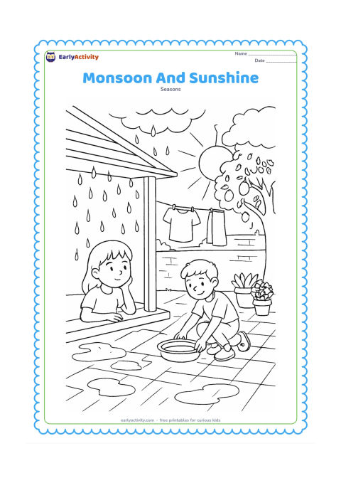 Colouring page: A family courtyard changes from a summer shower to bright sunshine: one child watches water drops from under a covered veranda while another places a shallow bowl in the sun to dry.…