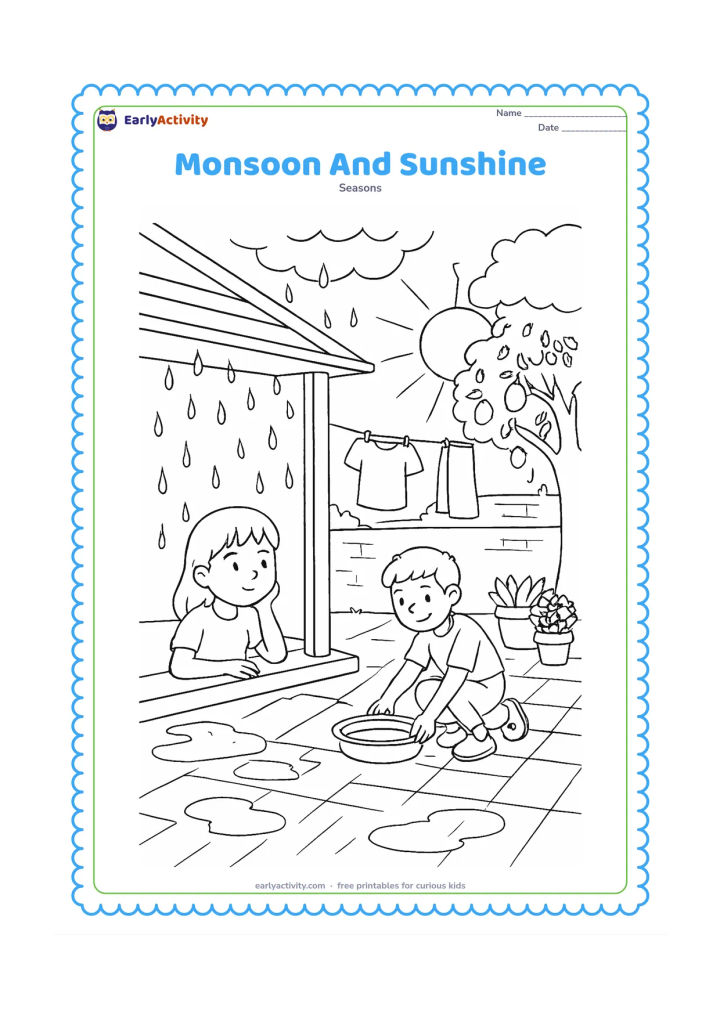 Colouring page: A family courtyard changes from a summer shower to bright sunshine: one child watches water drops from under a covered veranda while another places a shallow bowl in the sun to dry.…