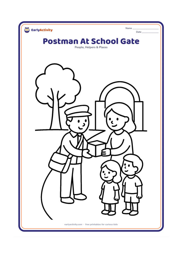 Colouring page: A postman gives a small parcel to a teacher at a school gate while two children watch from nearby. Show a simple gate, tree and path.