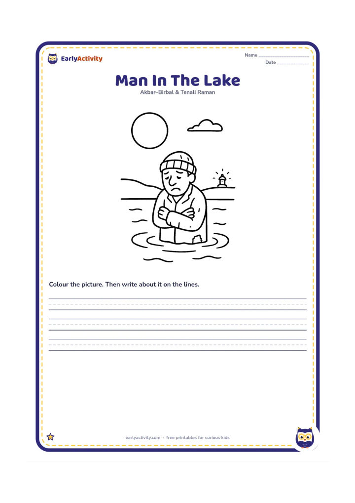 Printable: Show the poor man standing waist-deep in a cold lake at night, holding his arms close while a small lamp glows far away on the shore. Add a large moon and a simple bank.
