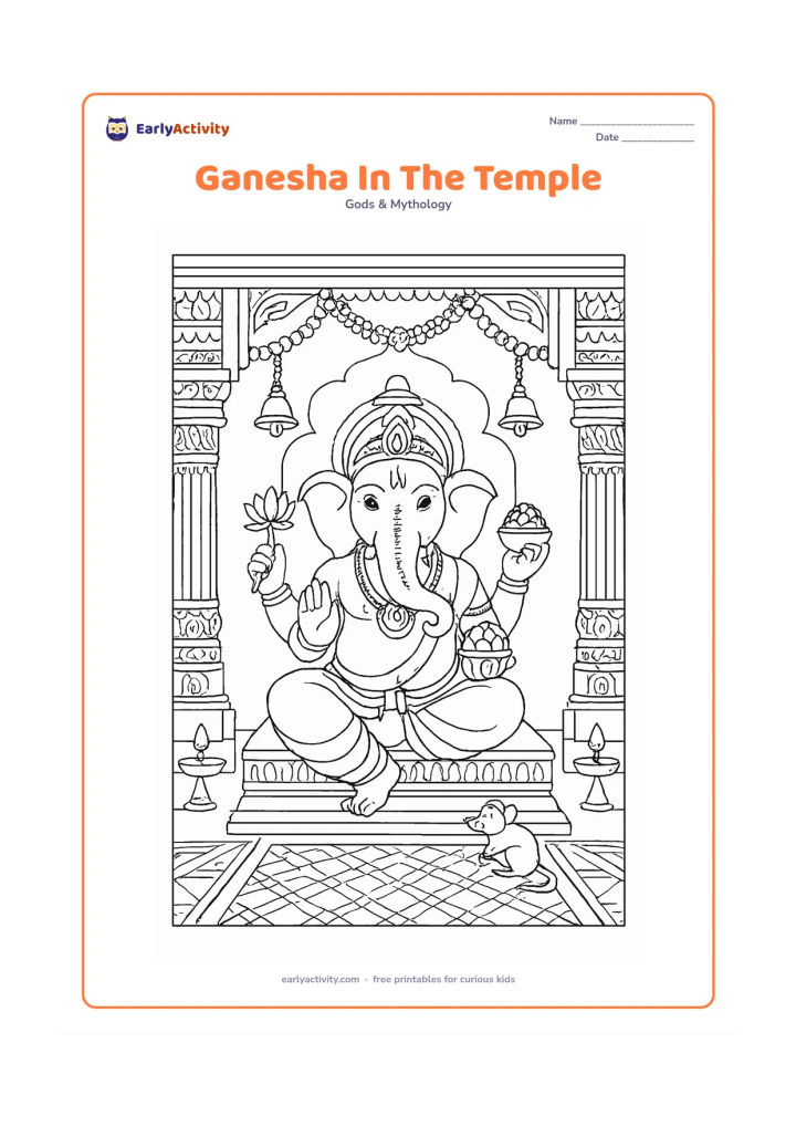 Colouring page: Lord Ganesha sits inside an ornate Indian temple hall on a raised pedestal, holding a lotus and modak bowl. Include carved pillars, hanging bells, flower garlands, oil lamps, a mouse and…