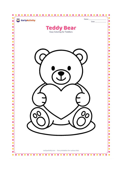 Colouring page: Draw a seated teddy bear holding a large heart-shaped cushion, with round ears, paws and feet. Add one simple rug shape underneath.