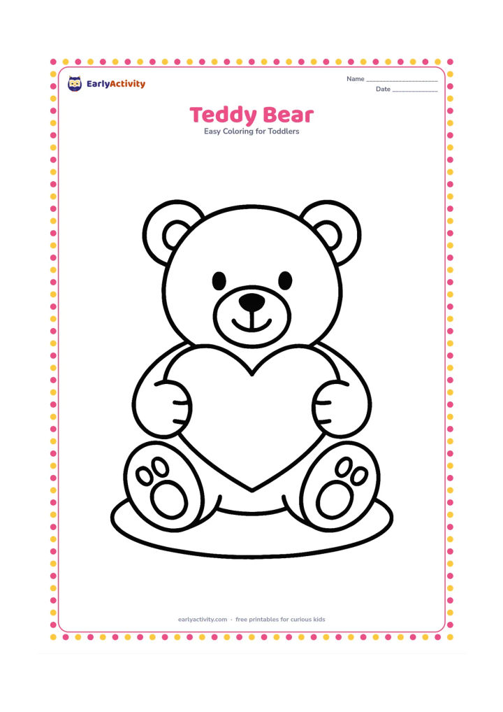 Colouring page: Draw a seated teddy bear holding a large heart-shaped cushion, with round ears, paws and feet. Add one simple rug shape underneath.