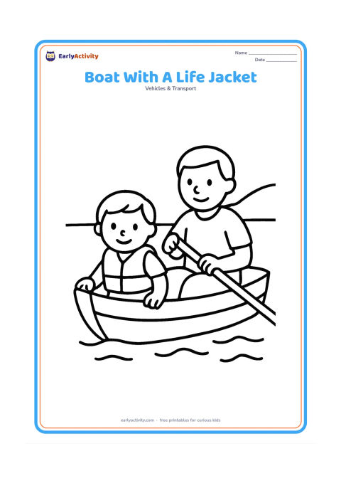 Colouring page: Draw a child seated safely in a small boat wearing a clearly shaped life jacket, with an adult rowing behind them. Add calm water and a simple shore.