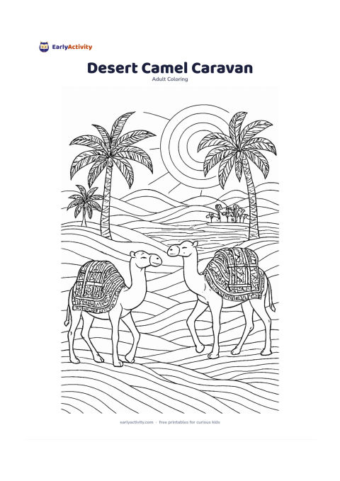 Colouring page: Two camels walk across gentle desert dunes carrying neatly patterned packs, with a distant oasis, palm trees and a broad setting sun behind them. Divide the packs, camel blankets, palm…