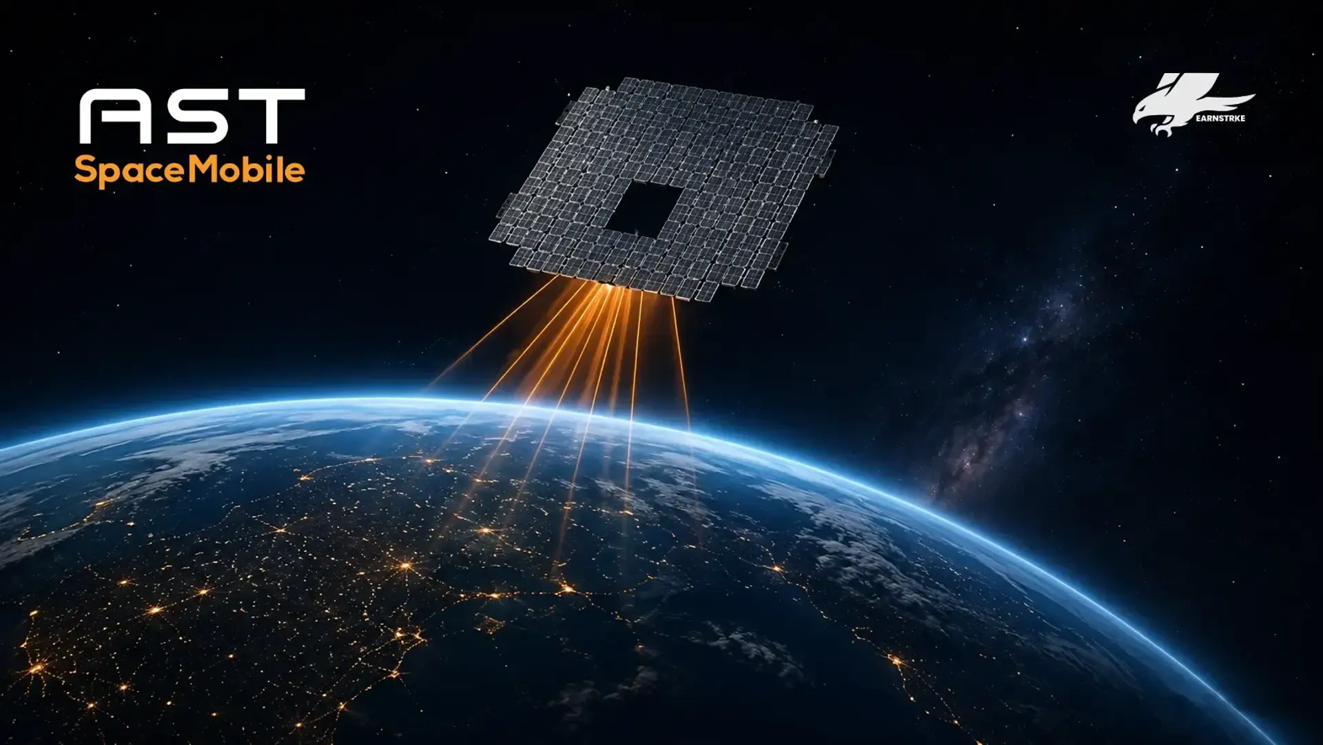 Giant ASTS communication satellite beaming digital cellular signals down to Earth from space