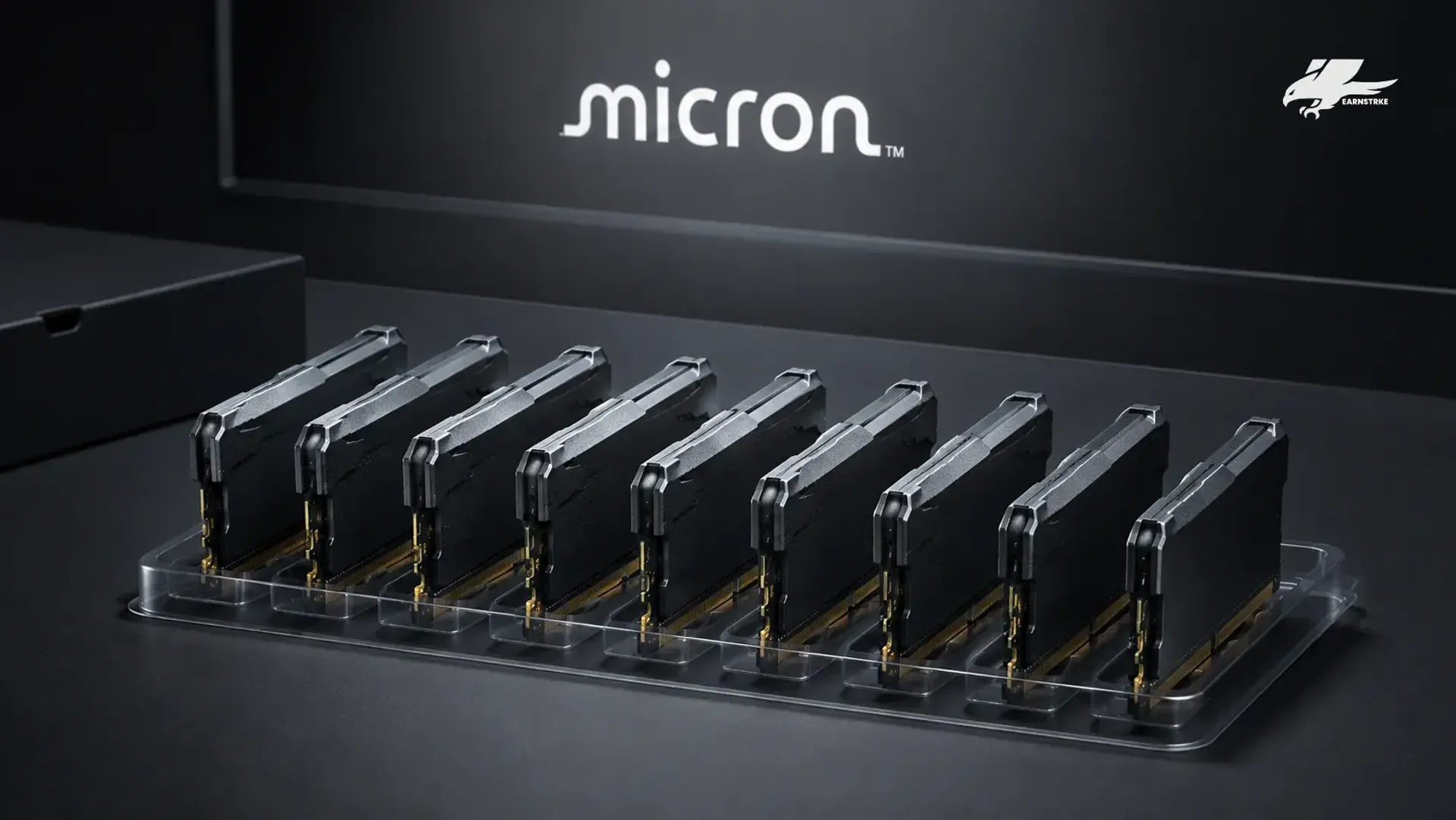 Row of Micron DRAM memory modules resting on a dark table.