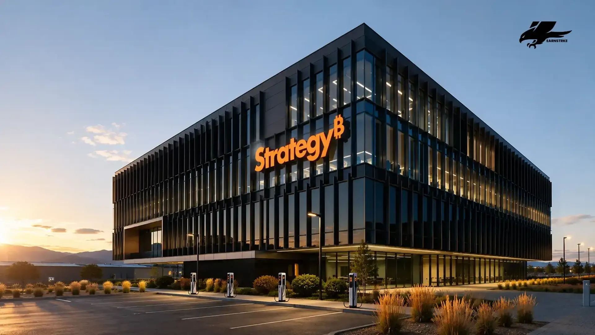 Modern office building of MicroStrategy with glowing company sign.