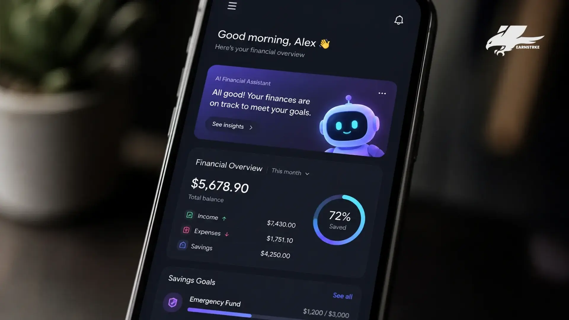 Digital personal finance app with AI features displayed on a mobile smartphone.
