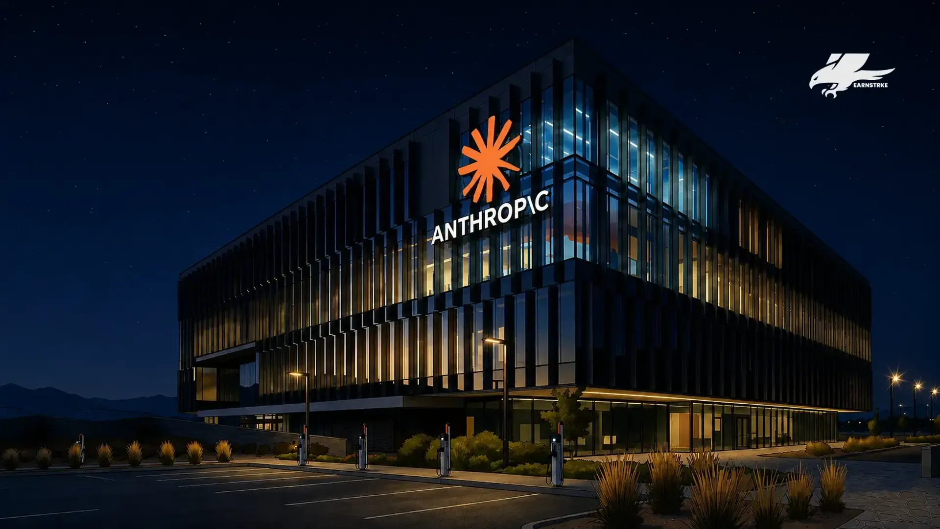 Modern Anthropic headquarters building lit up at night with an illuminated orange logo
