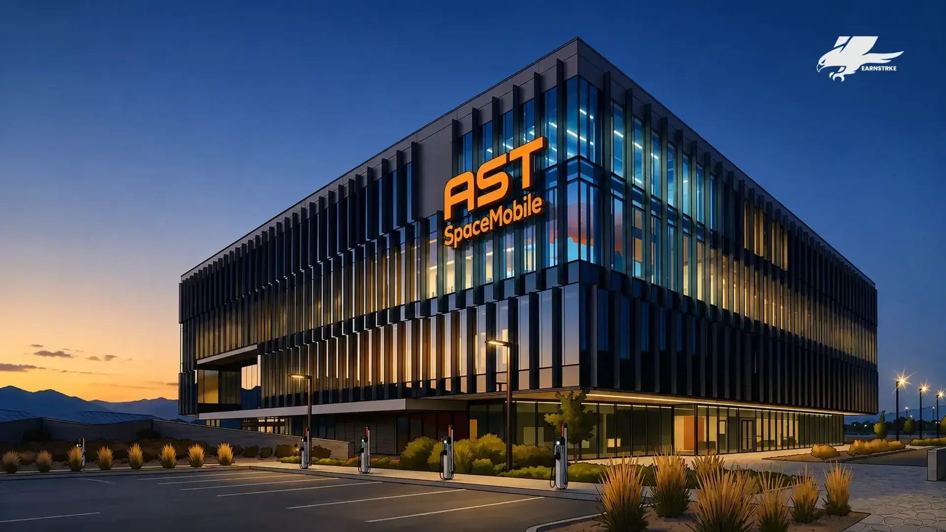AST SpaceMobile modern headquarters building at sunset.
