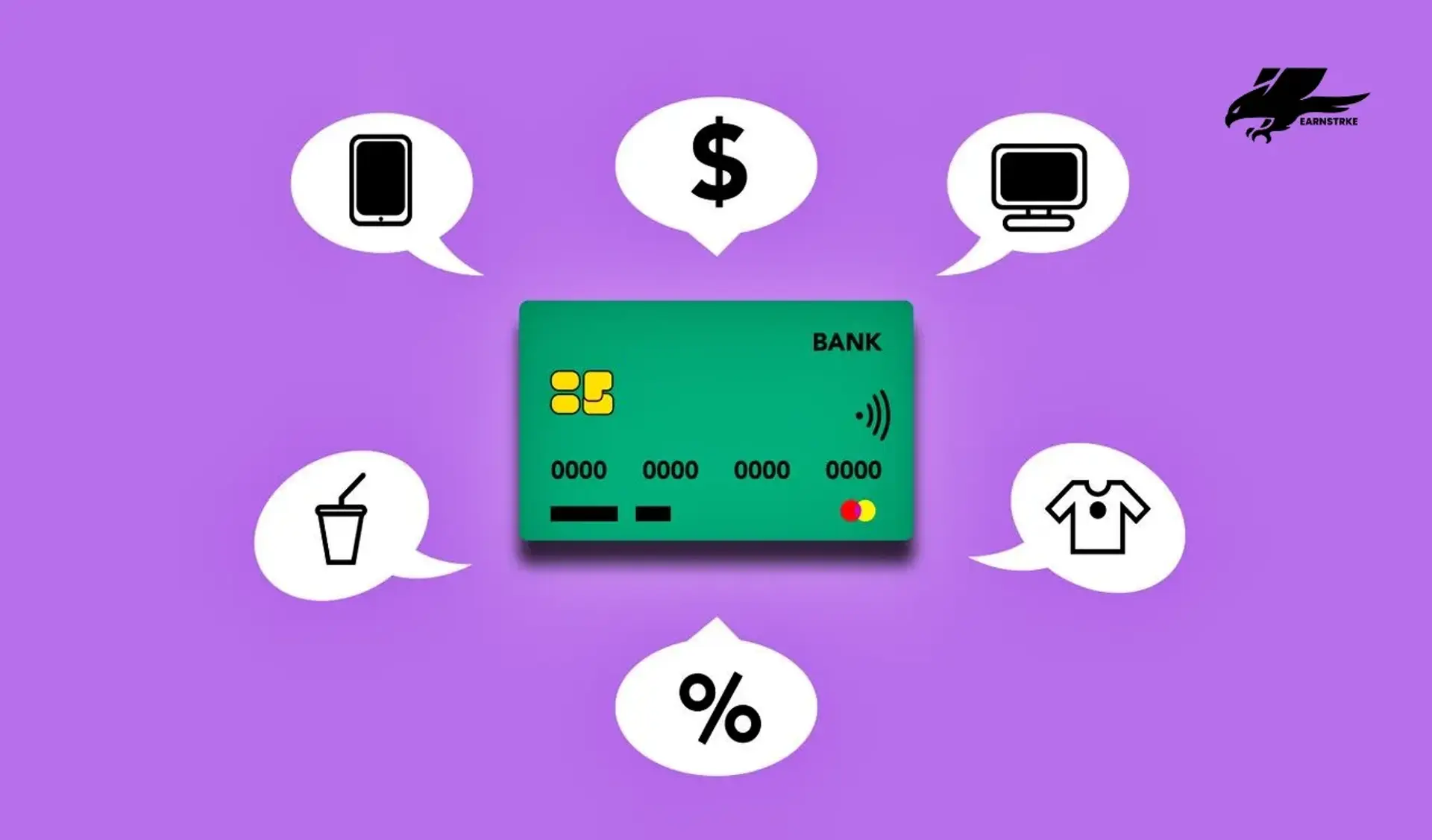 Green credit card surrounded by financial icons