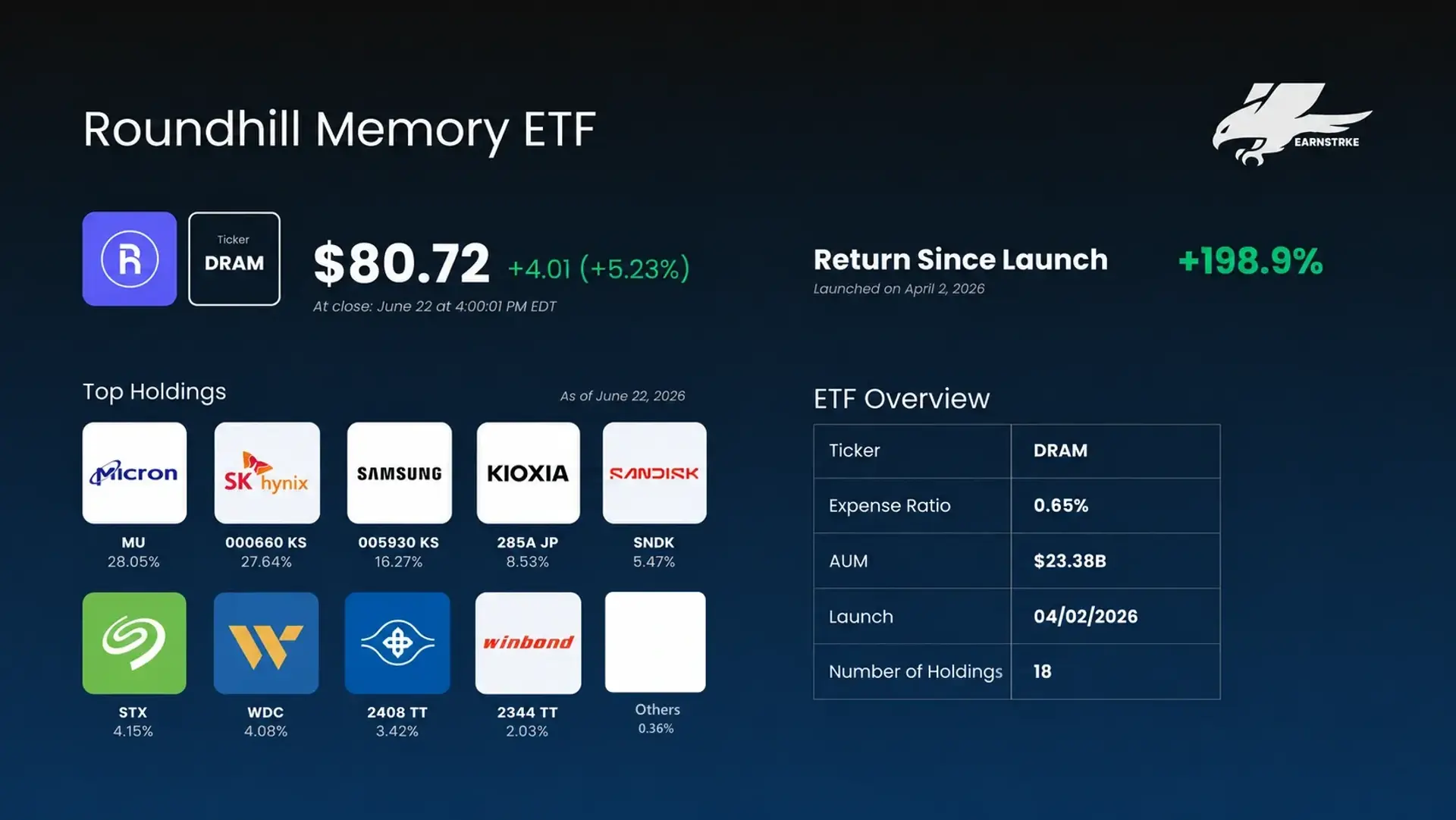 Roundhill Memory ETF breakdown with current price and top holdings data.