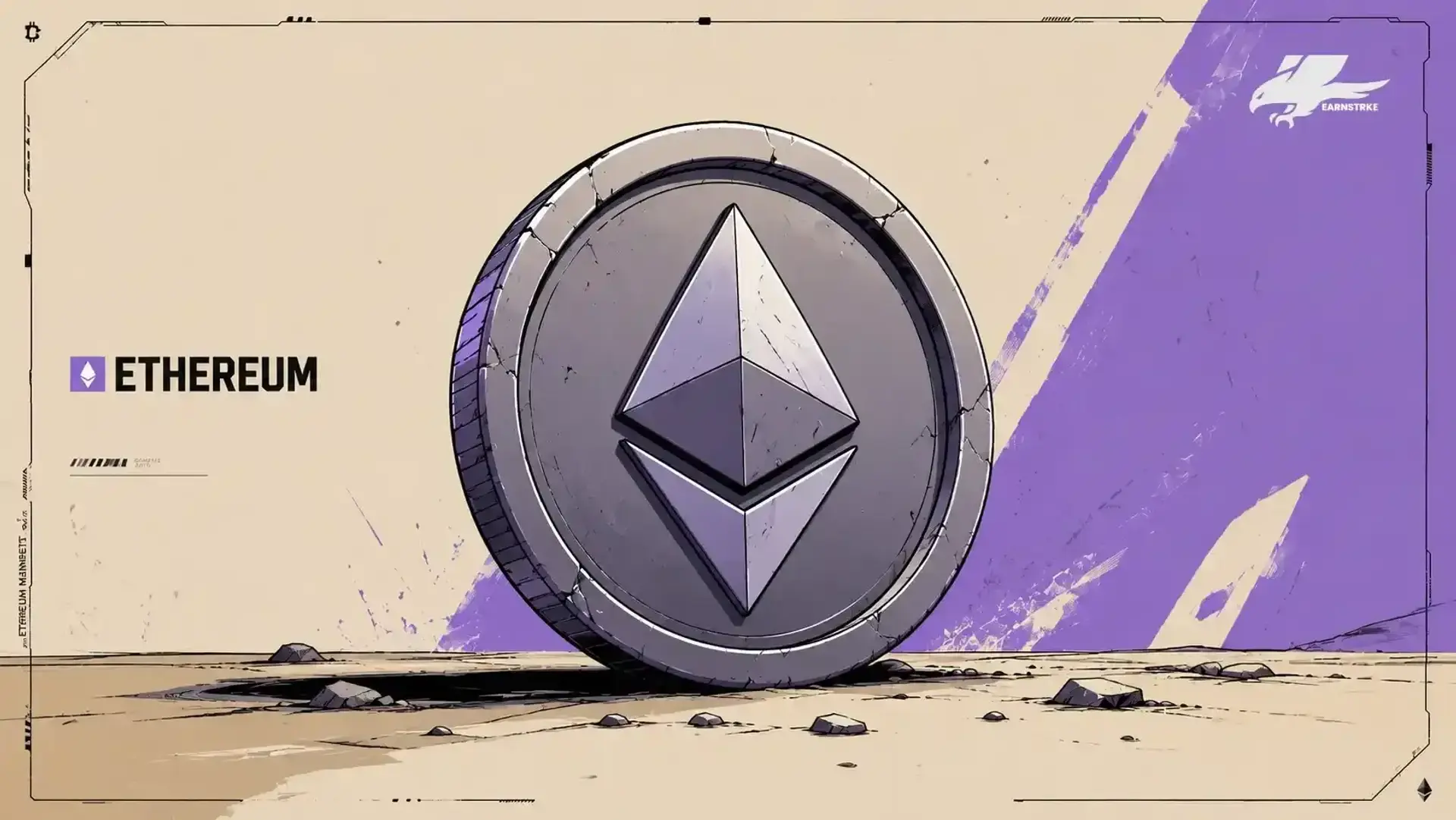 3D illustration of a gray Ethereum coin.