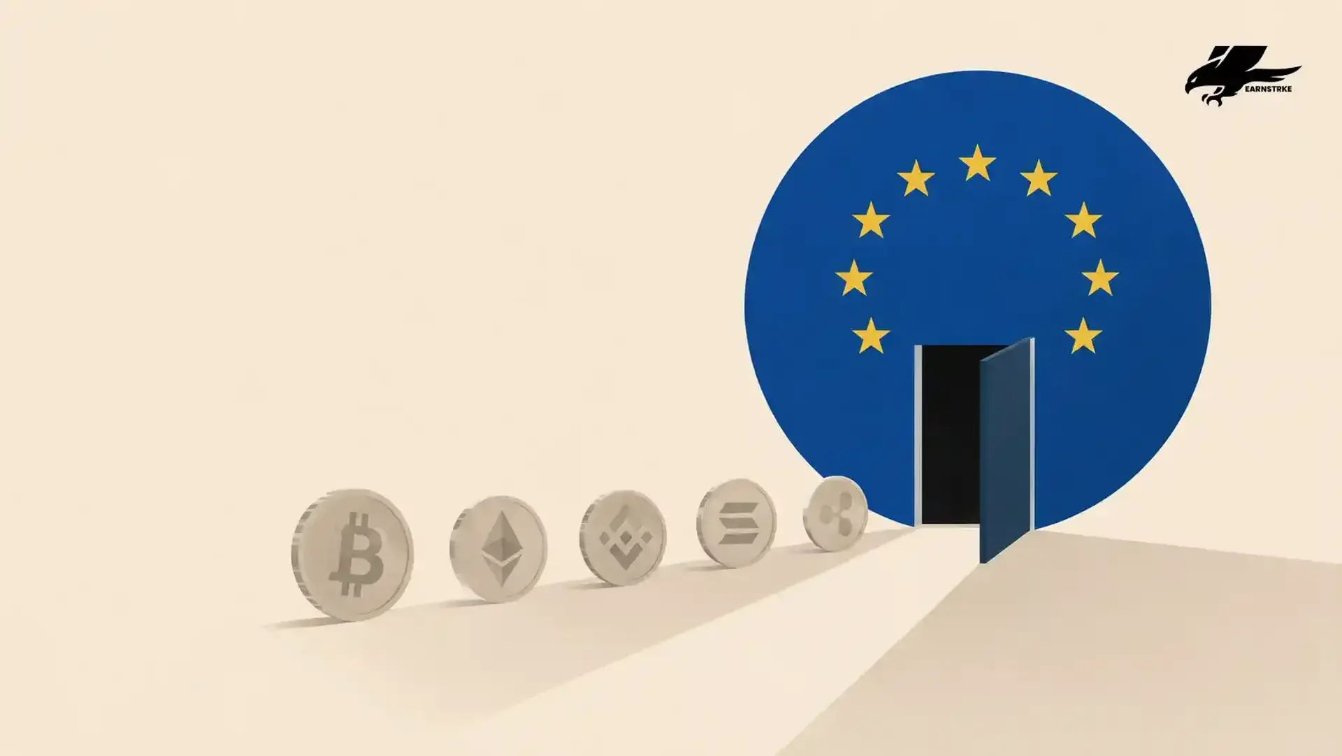 Crypto coins lined up outside an EU flag door representing MiCA law.
