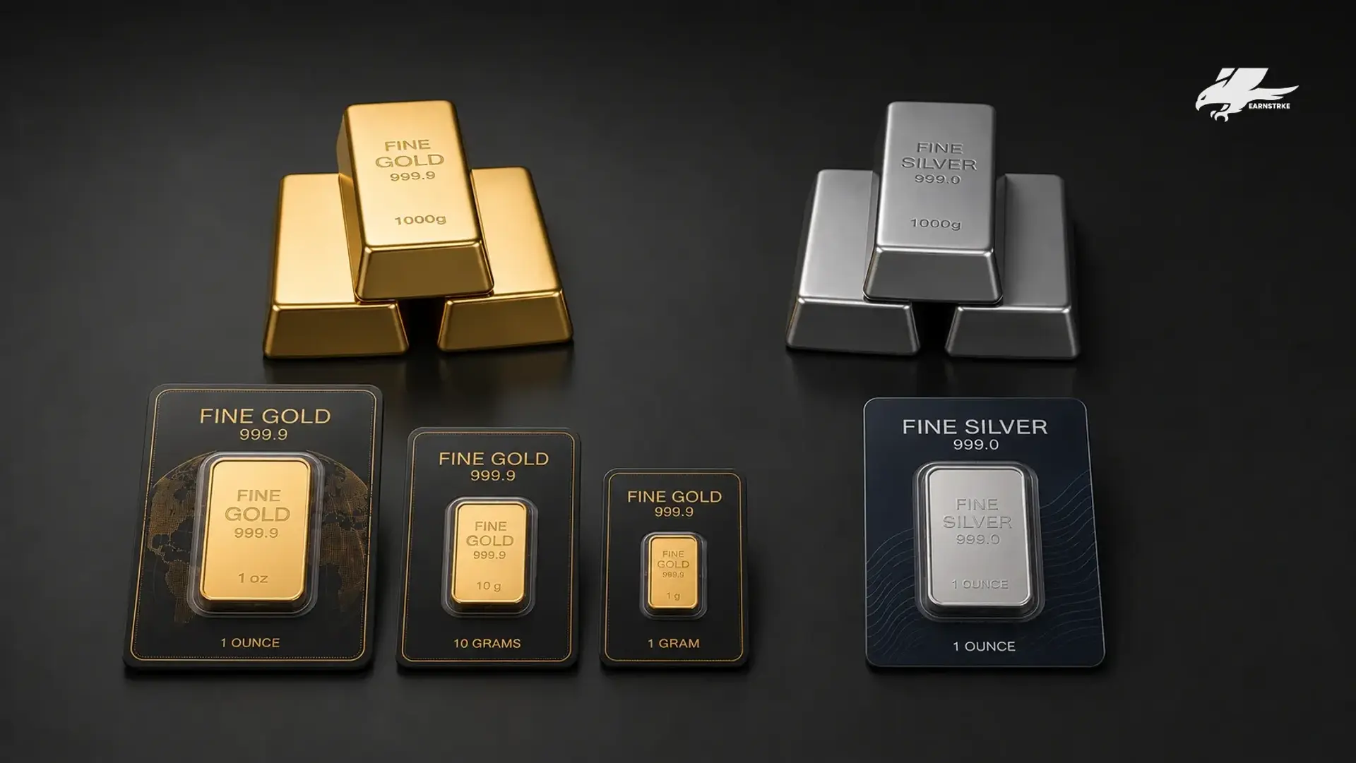 Shiny gold and silver bars lined up on a black background.