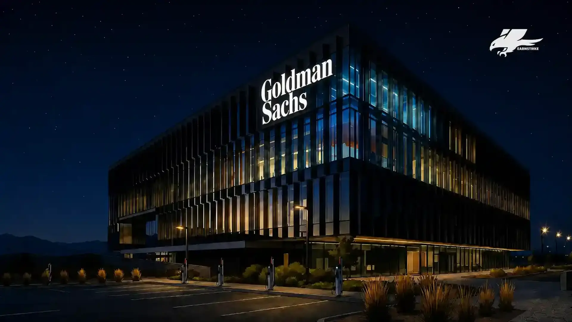 Goldman Sachs investment banking corporate office building illuminated at night.