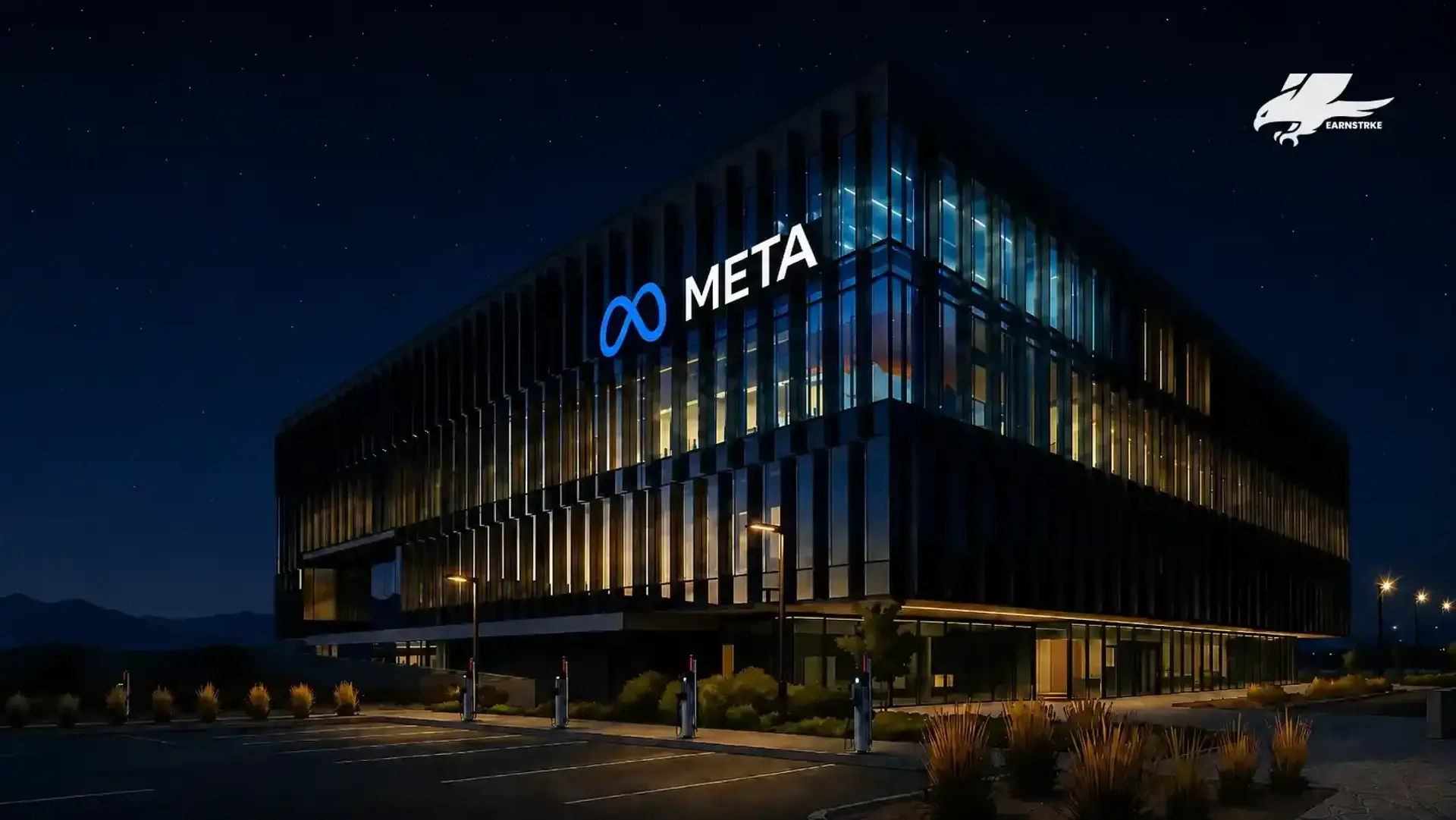 Meta (NASDAQ: META) office building at night, representing big finance stocks.