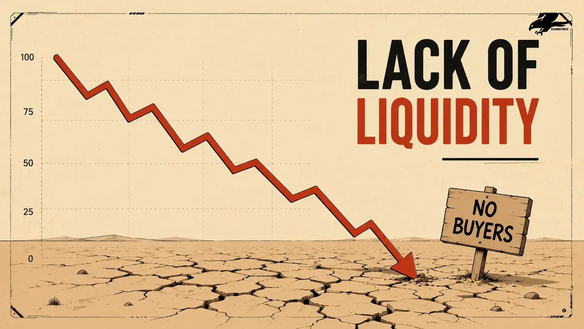 Downward graph in a cracked desert with "LACK OF LIQUIDITY" text.