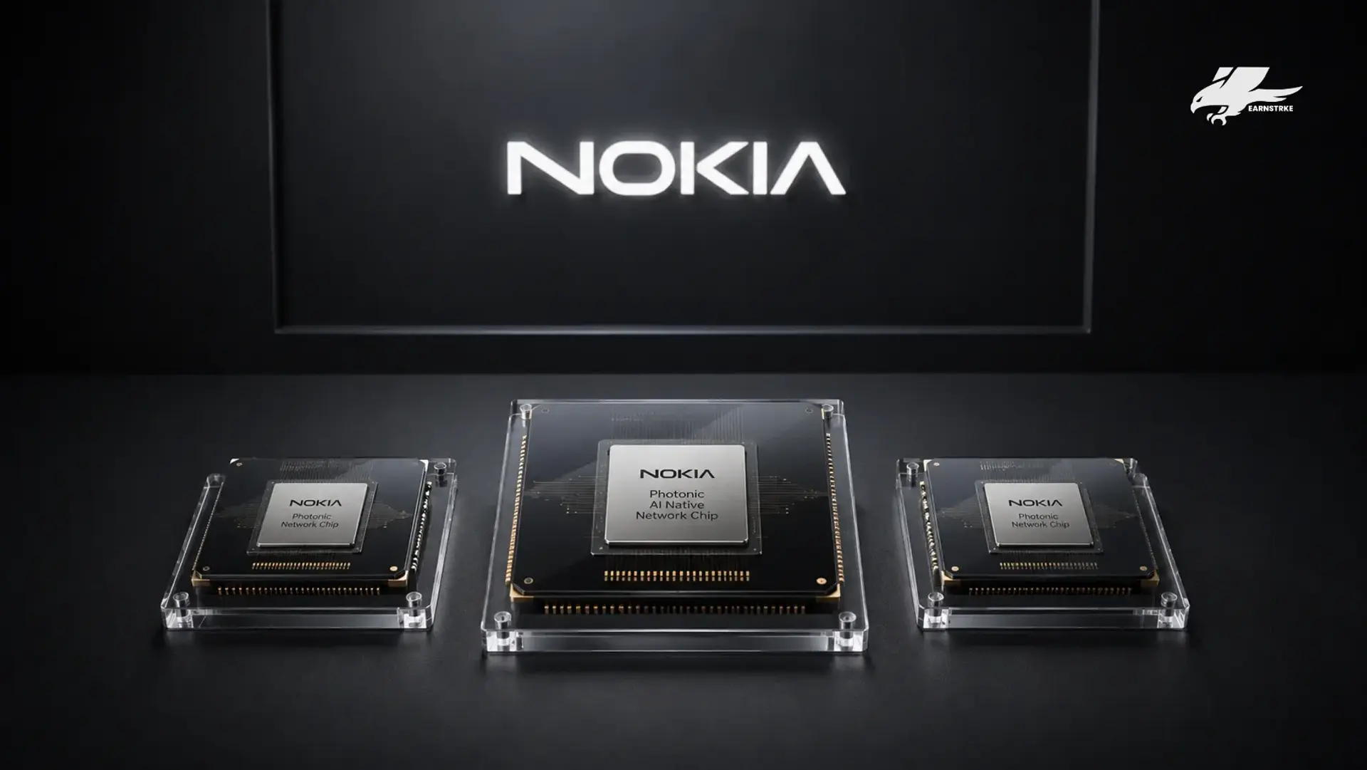 Three Nokia Photonic AI Network Chips on a dark background.