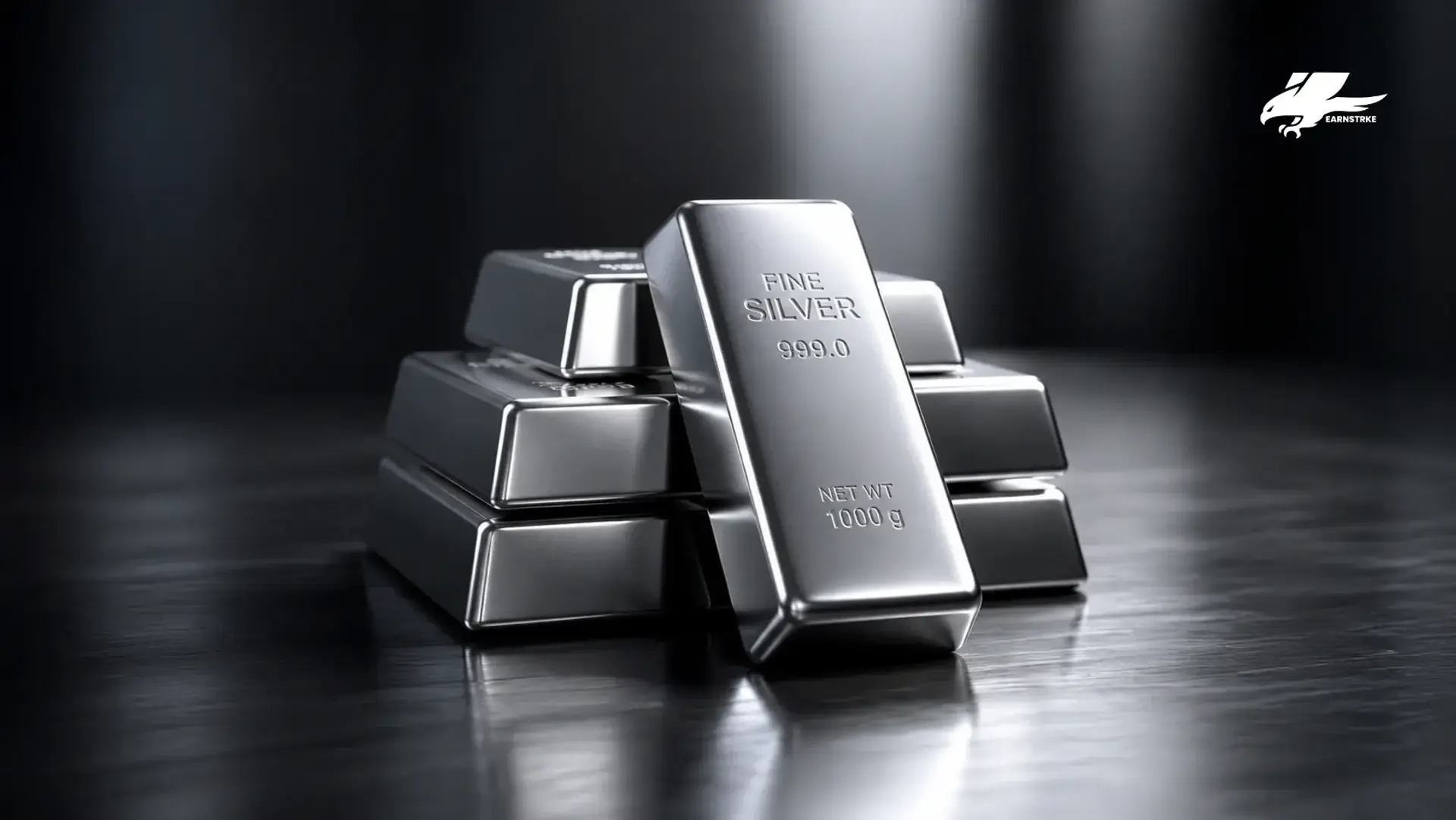 Stack of shiny silver bullion bars.