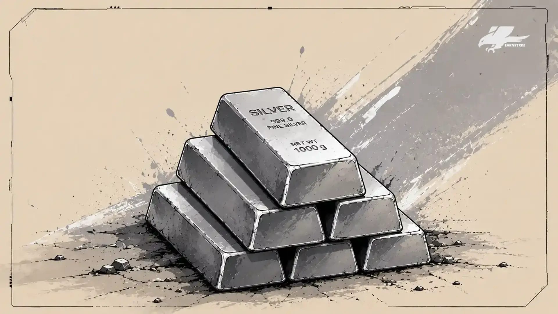 Stack of silver bullion bars illustration for investment.