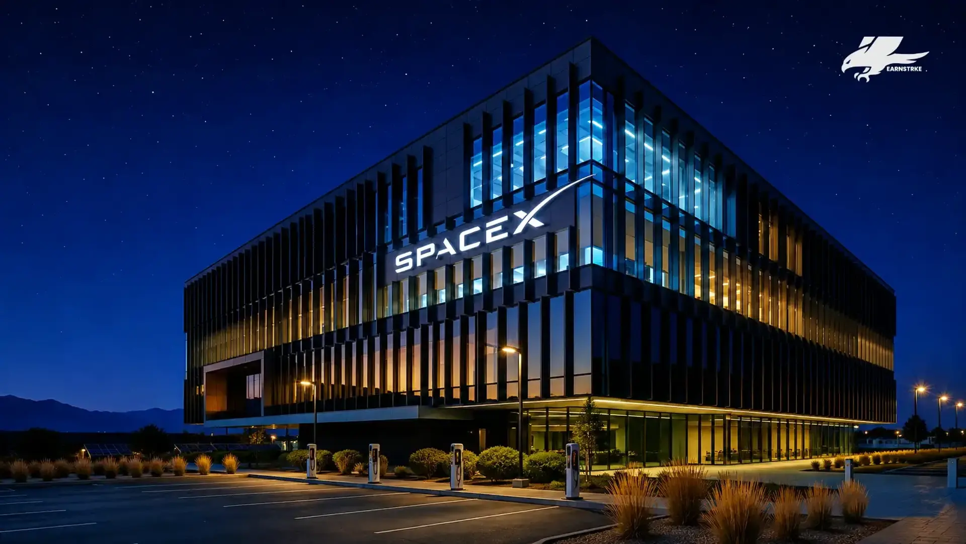 SpaceX headquarters building illuminated blue at night.