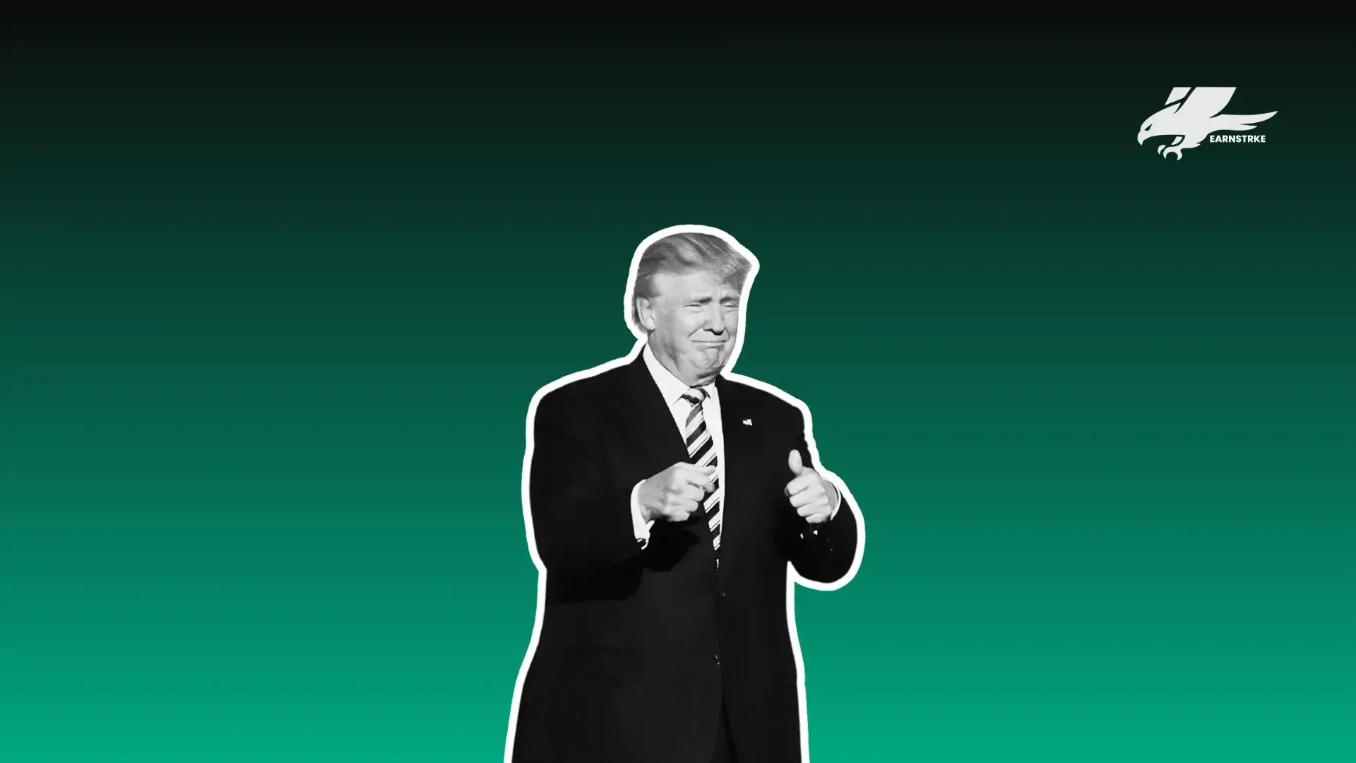 Donald Trump gesturing with his hands on a solid green background.