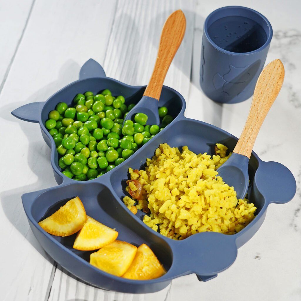 Silicone Feeding Set for Toddlers & Babies - 4 Pc Dinner Set- Fox (Blue)