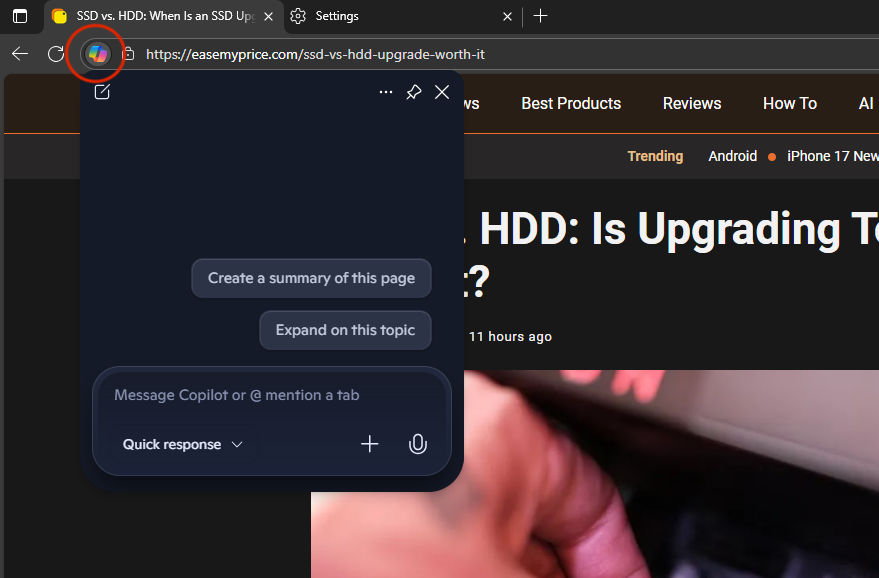 Copilot mode enable from addressbar