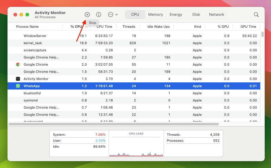 Mac Activity Monitor interface showing different data types, featuring the Force Quit option prominently.