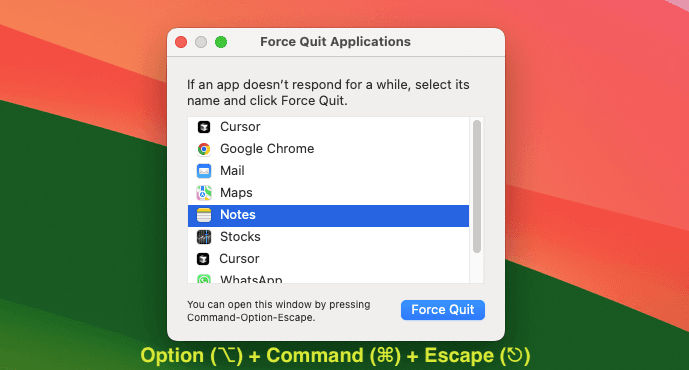 Highlighted option to open the application, indicating the Force Quit shortcut on a computer interface.