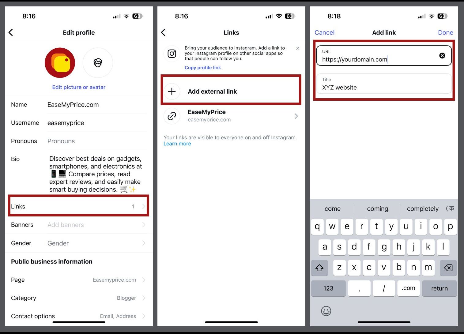Instagram Profile - add website address
