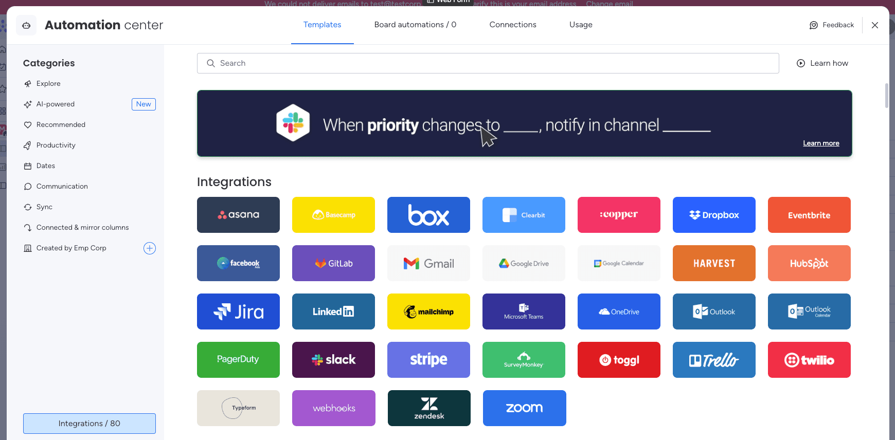 List of Integrations available in Monday.com's Work Management software