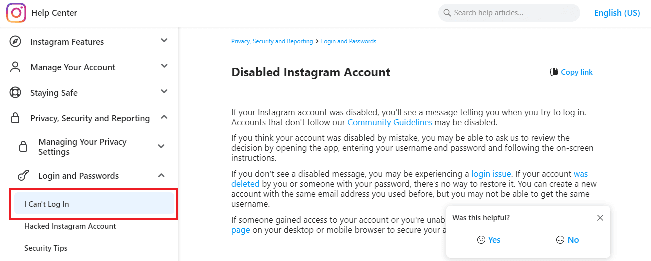 Instagram help center guide how to recover disabled account