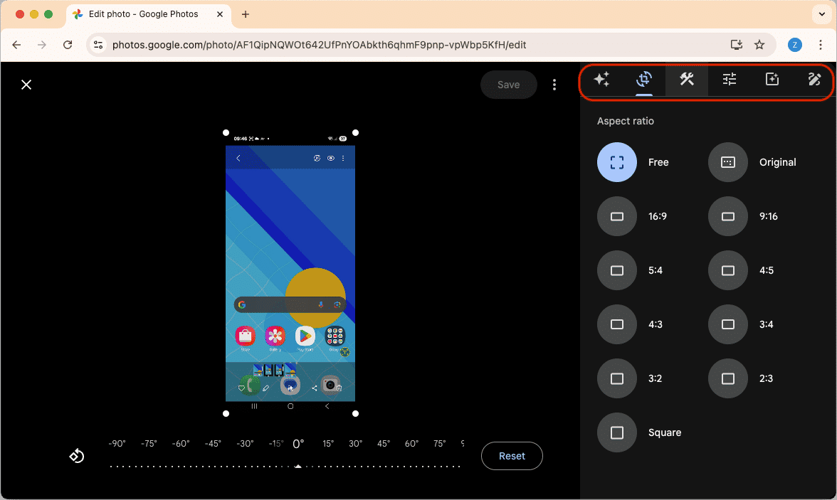 Screenshot edit using Google Photos