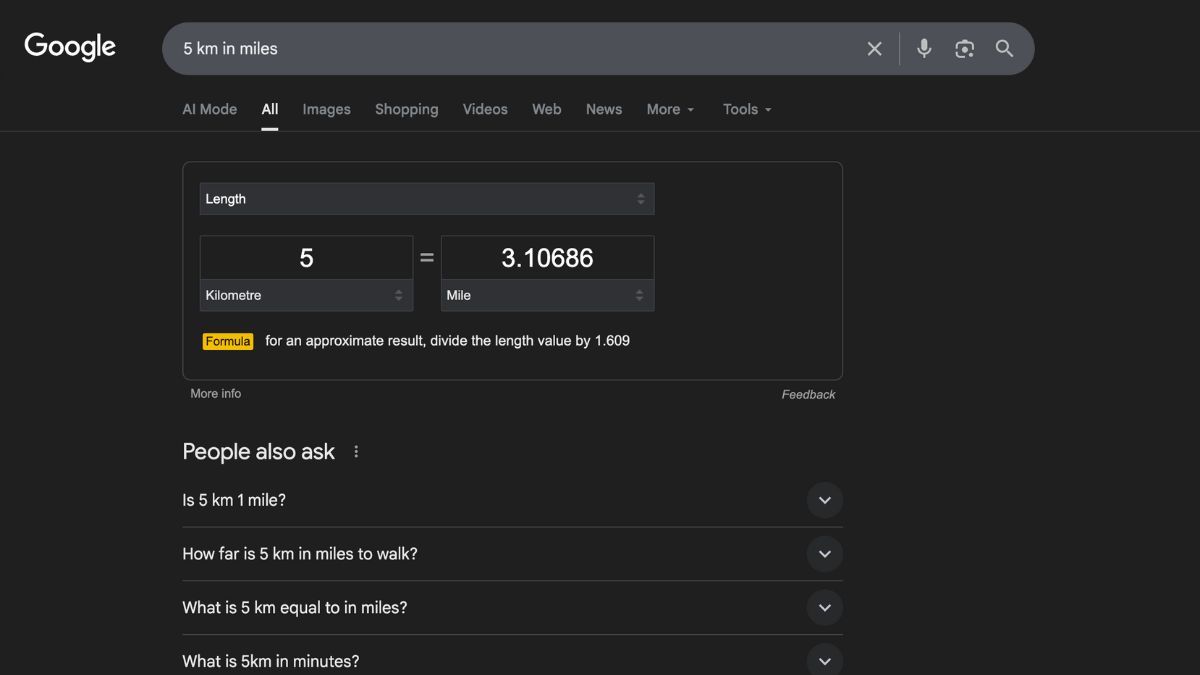 How to Use Google Search to convert KM to miles