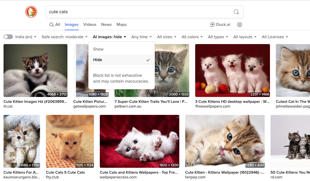 DuckDuckGo introduced hide AI Images
