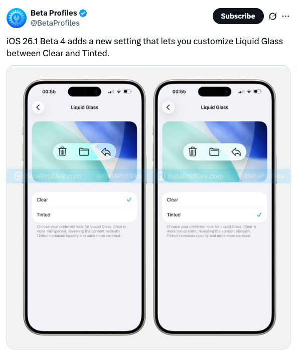 Apple Adds Liquid Glass Toggle in iOS 26.1 Beta. Image Credit: X/Beta Profiles