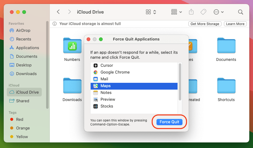 Image of the cloud drive app in the Mac App Store, featuring the Force Quit application menu for user interaction.
