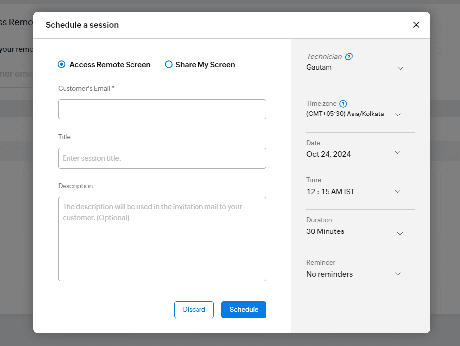 Zoho Assist schedule session feature