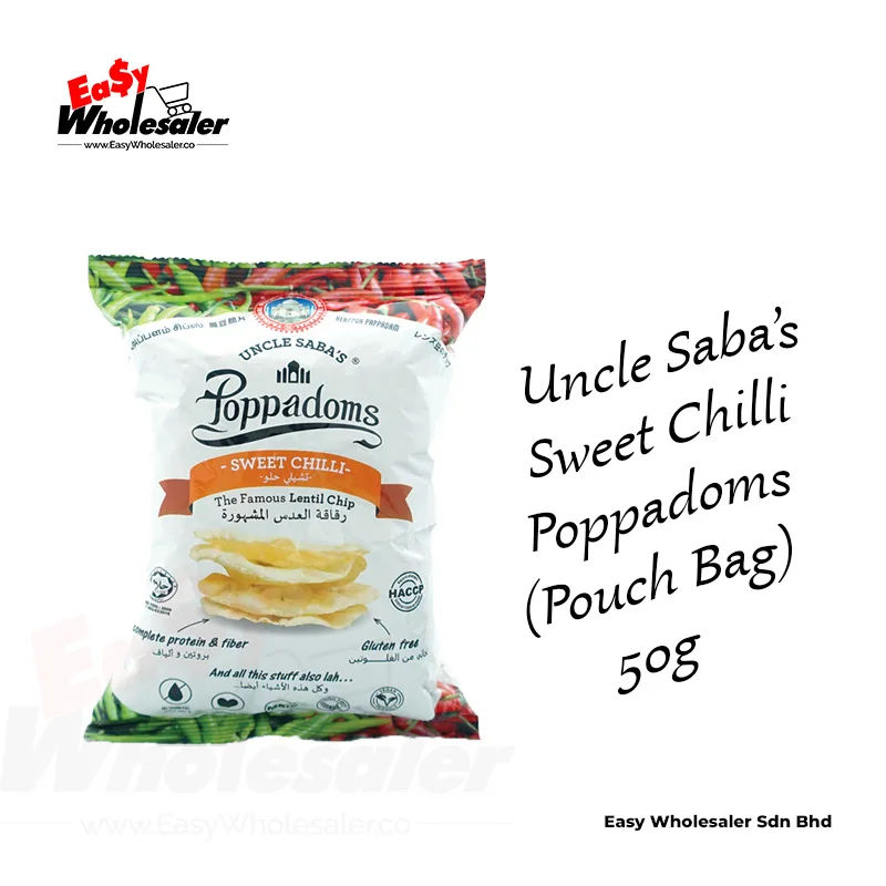 Uncle Saba’s Sweet Chilli Poppadoms 50g Pouch Bag Uncle Saba's Sweet Chilli Poppadoms 50g Pouch Bag