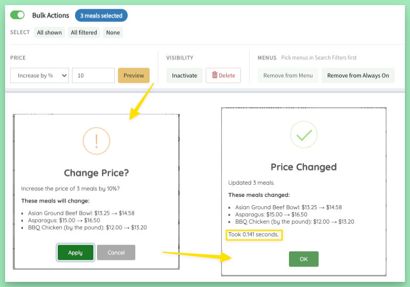 Bulk actions confirmations with old and new prices
