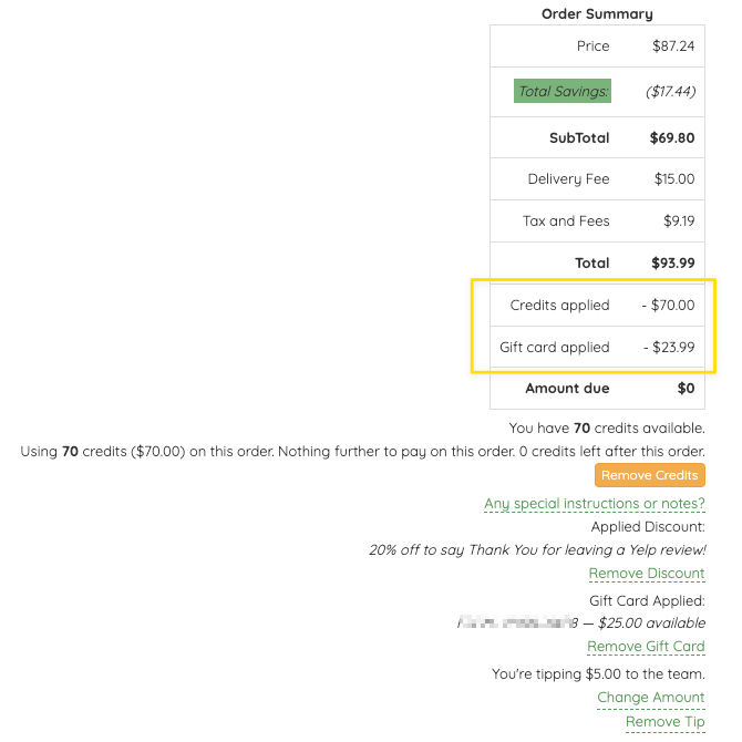 Order summary with credits and a gift card applied